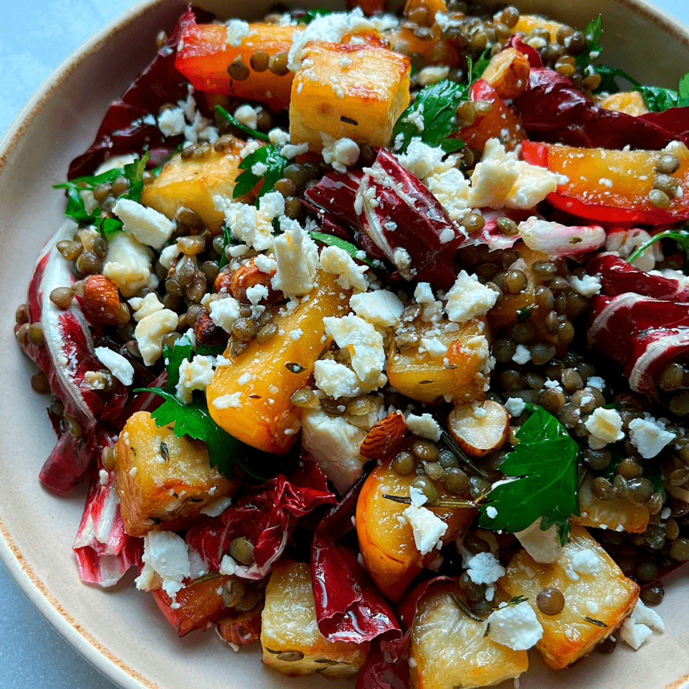 Warm celeriac, lentil & apple salad
