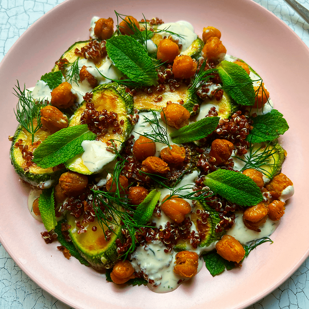 Courgette, crispy chickpea & tahini salad