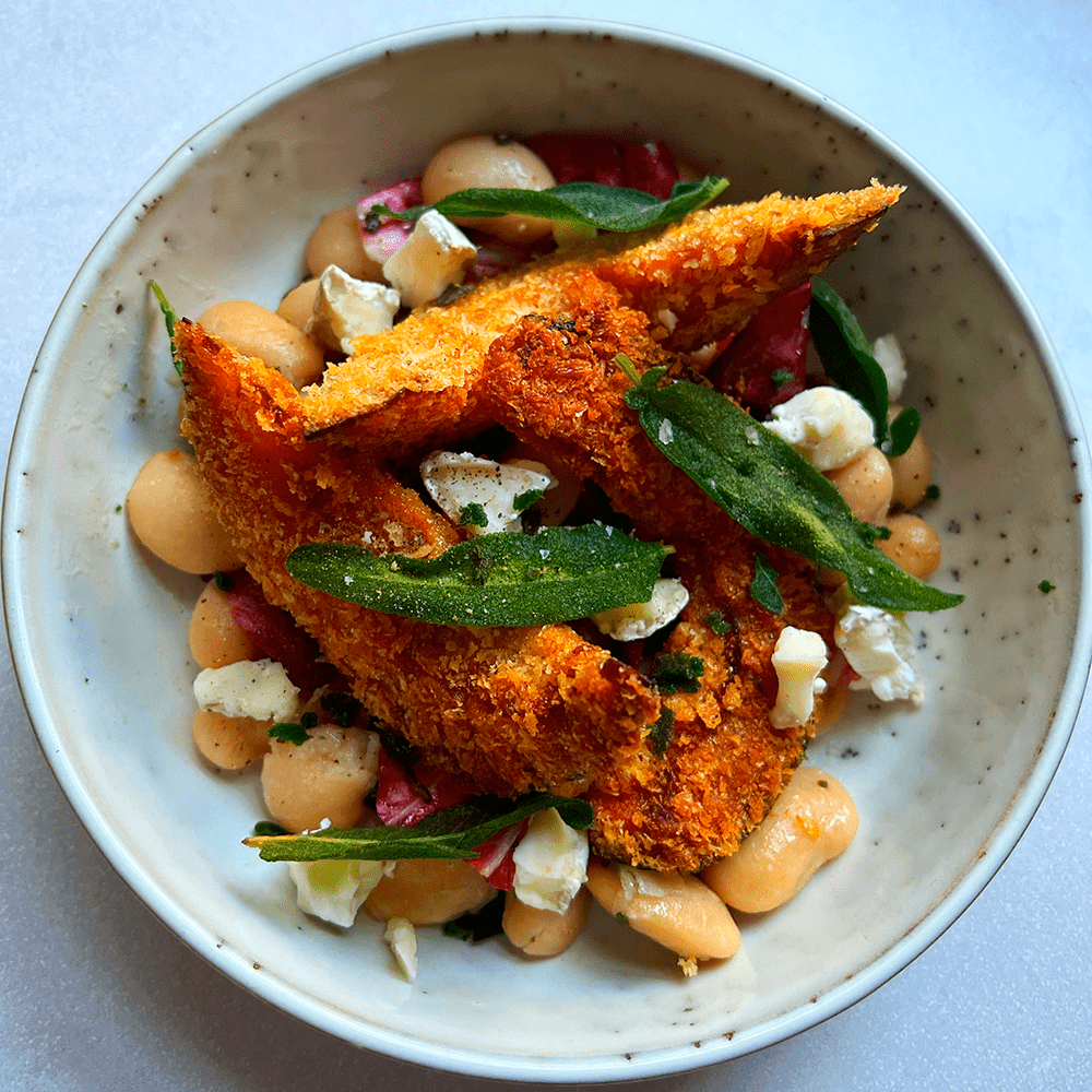 Fried Delica pumpkin with butter beans, sage & goat’s cheese