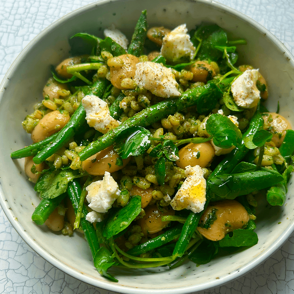 Pearl barley salad with green beans & watercress pesto