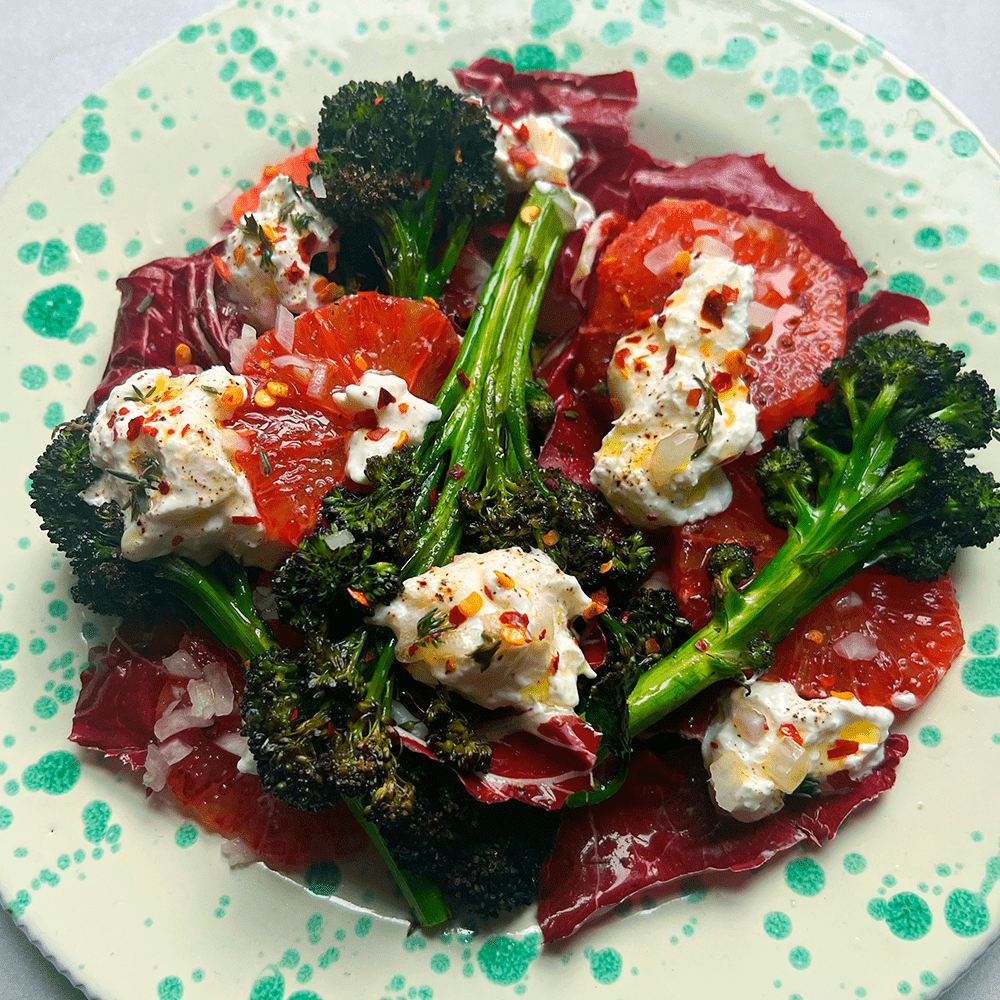 Roast purple sprouting broccoli, blood orange & burrata