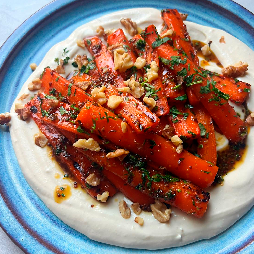 Honey mustard glazed carrots with whipped goat’s cheese & walnuts