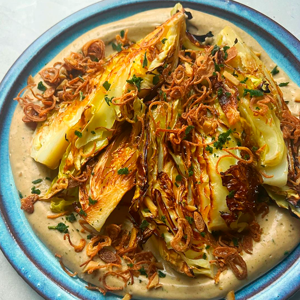 Roast cabbage with chestnut & crispy shallots