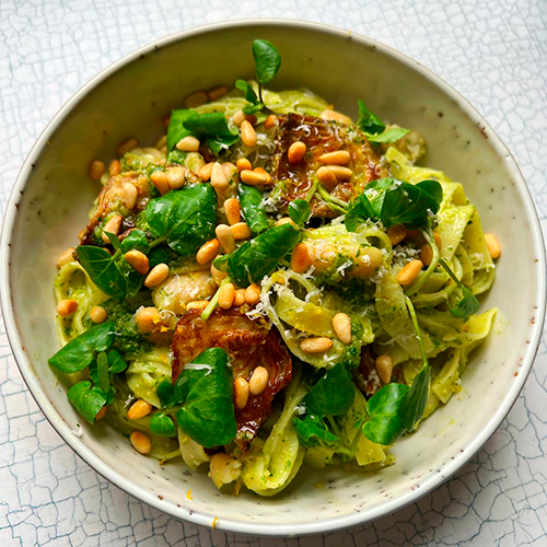 Tagliatelle with artichoke, watercress pesto & cannellini beans