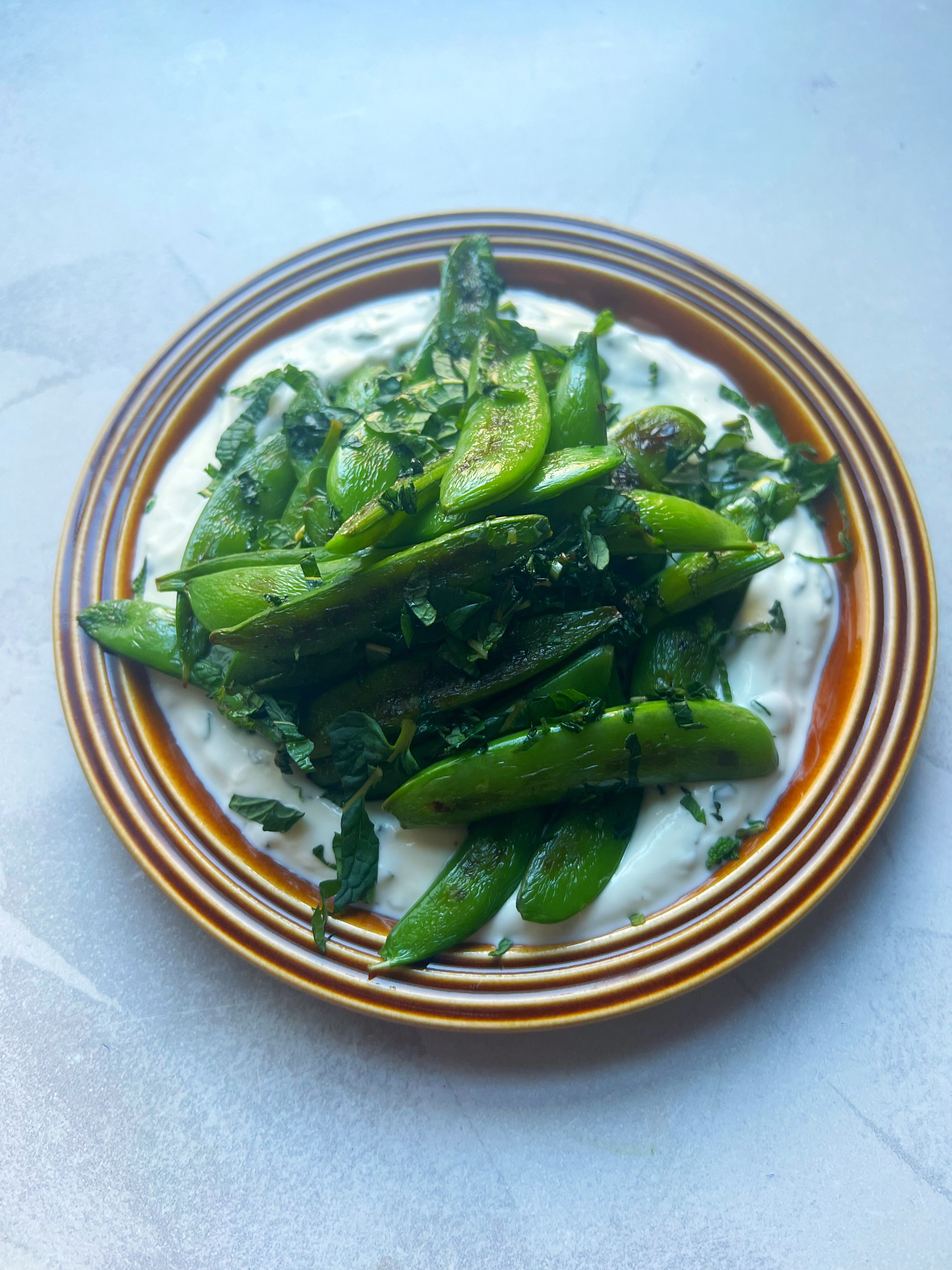 charred sugar snaps, mint & yoghurt