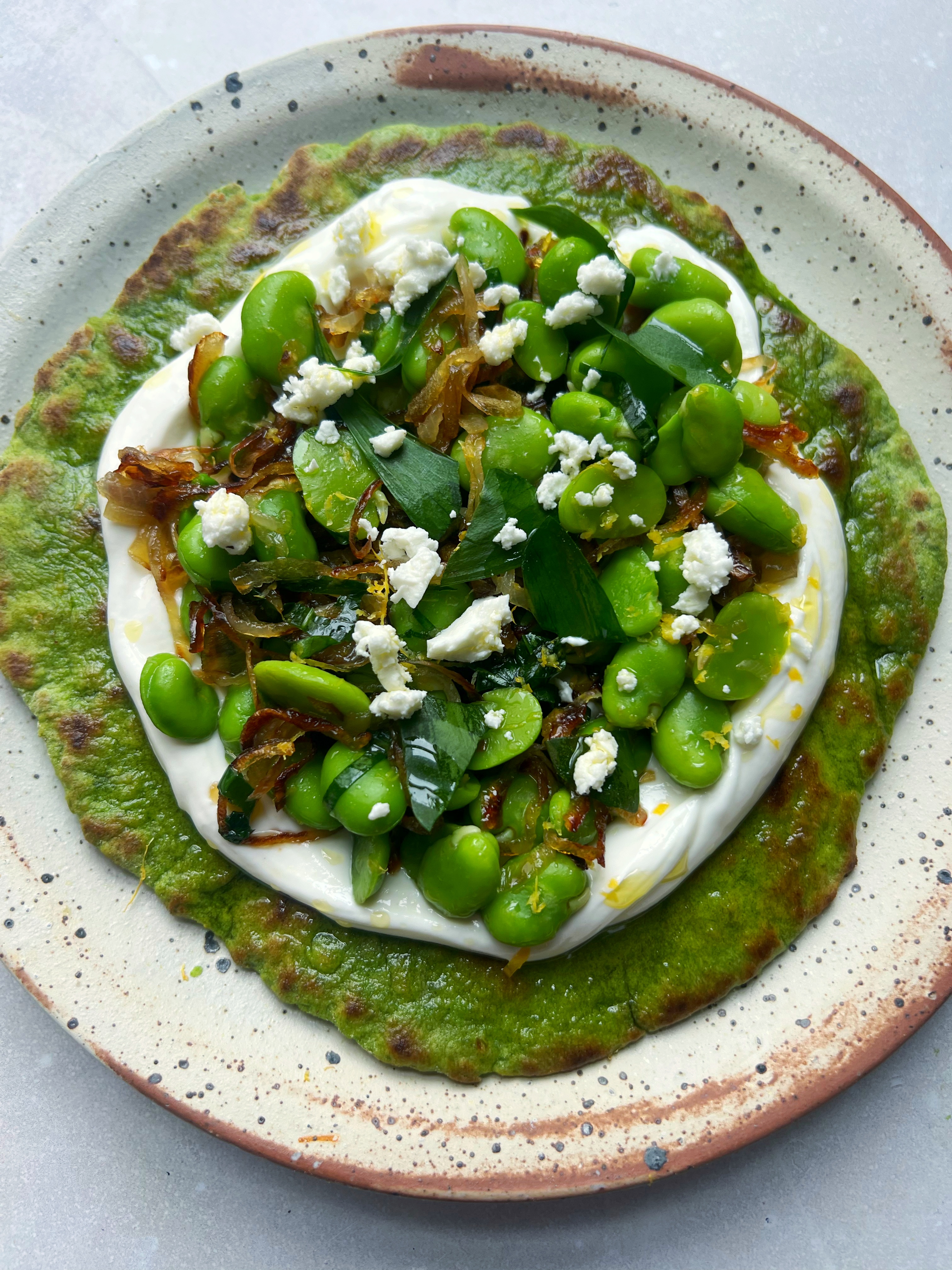 wild garlic and broad bean flatbread