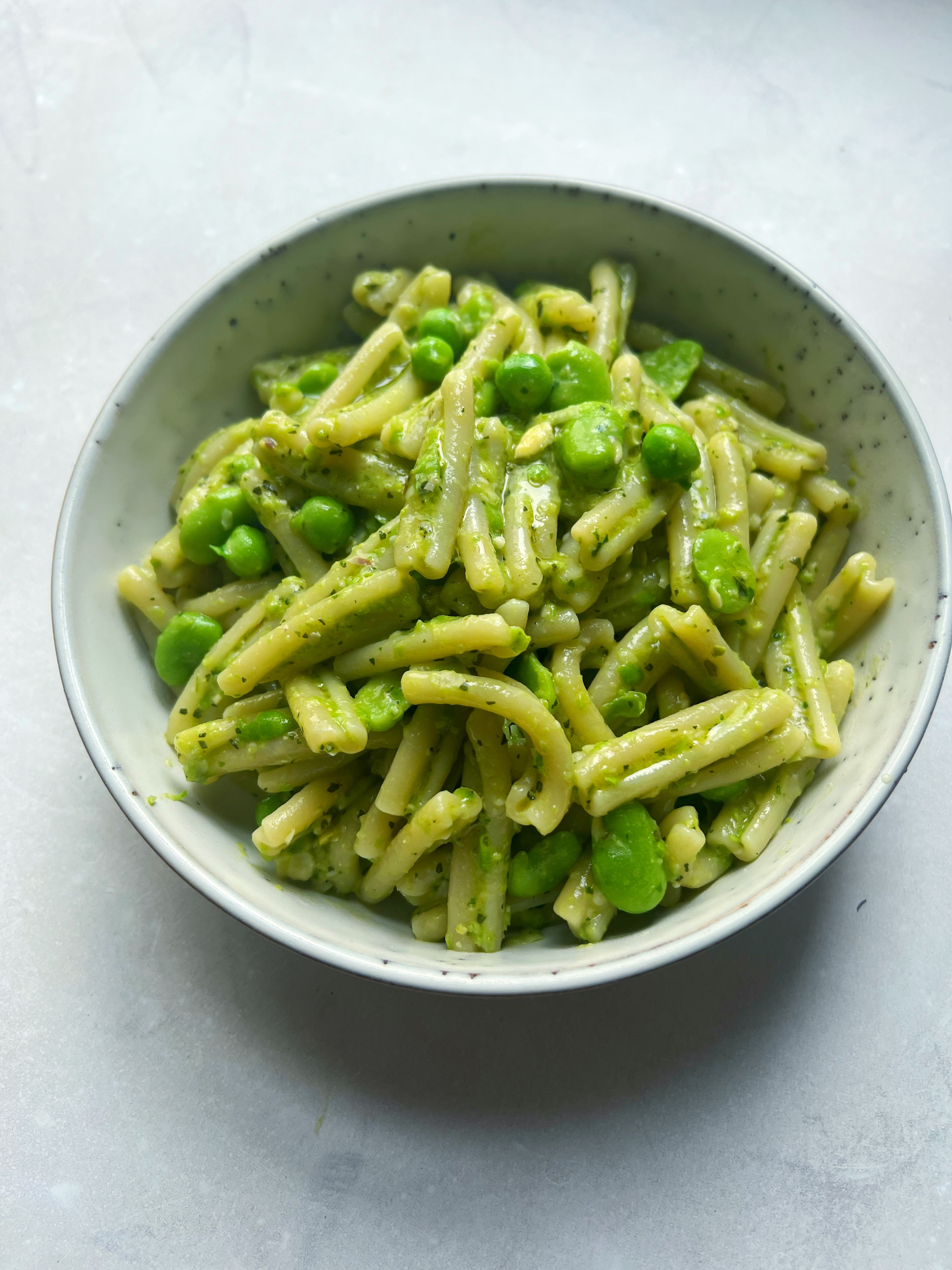 Pea and broad bean pesto pasta