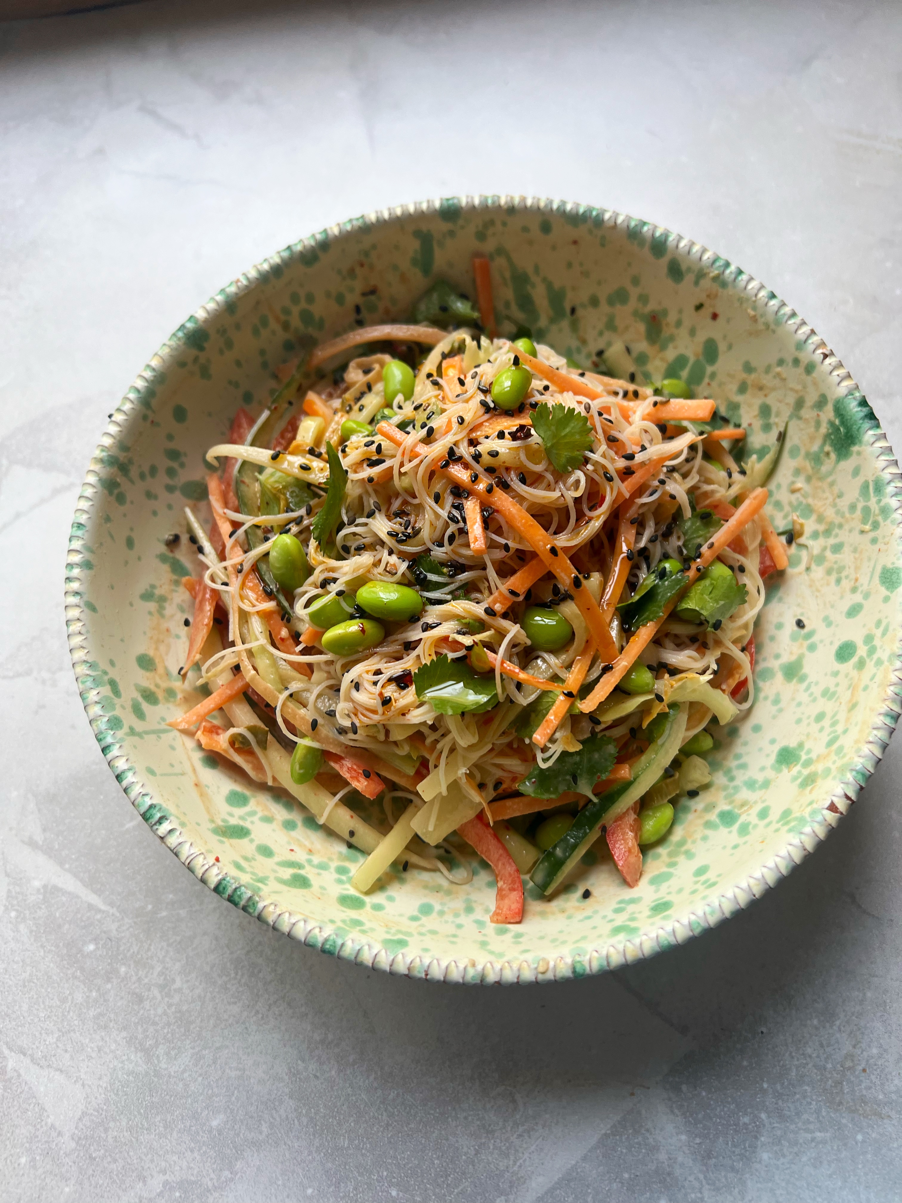Cold noodle and edamame salad