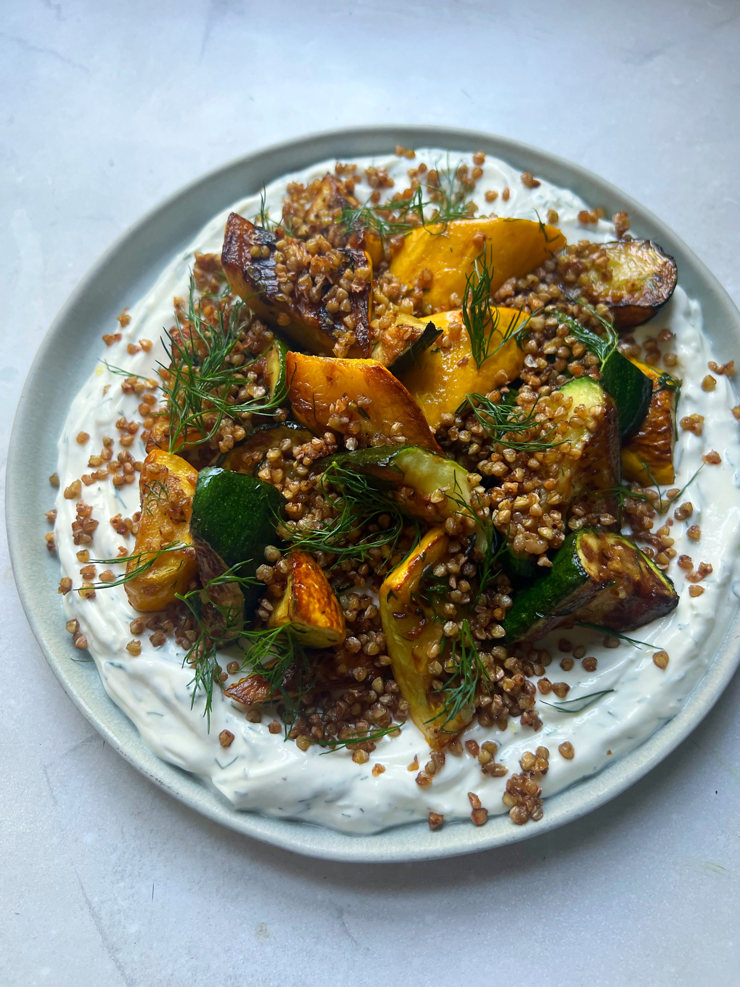 Courgette, dill yoghurt and crispy buckwheat